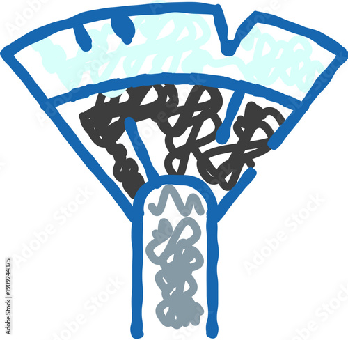 Handheld fan doodle with blue outline and light blue highlights showing breeze lines and cooling sensation on a clean white background, simple playful line art icon