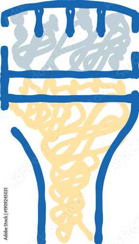 Hand drawn blue and yellow doodle sketch illustration depicting a hair brush icon, representing hair care, styling, beauty, and grooming tools, isolated on a clean white background