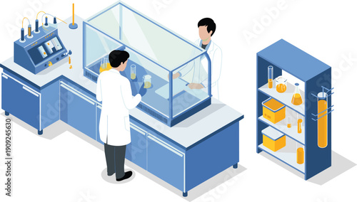 Isometric, laboratory, scientists, experiment, chemistry, research, testing, analysis, safety, equipment, medical, biotechnology, science, innovation, lab, investigation, 