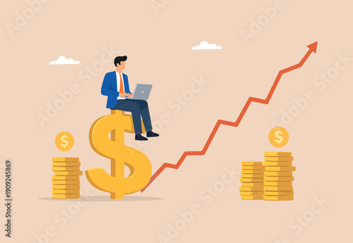 Revenue growth or investment profit increase, earning or wealth accumulate, growing income, financial analysis concept, businessman with computer laptop on dollar sign money with rising graph.