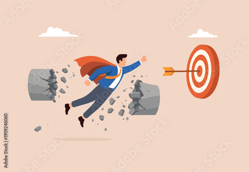  Overcome difficulty or challenge to success, obstacle or problem to solve and achieve target, determination or barrier concept, businessman superhero fly through obstacle to reach target