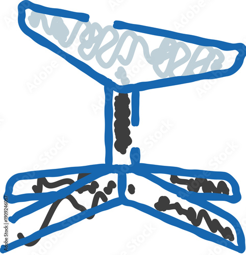 Office chair swivel base mechanism doodle sketch on white background, hand drawn line art of caster star, wheels and central hub for desk chair repair, ergonomic furniture concept