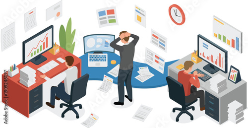 Isometric, office, busy, workflow, analytics, employees, productivity, stress, computers, reporting, business, deadlines, management, tasks, 