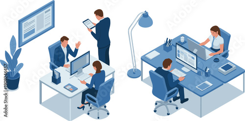 Isometric, office, teamwork, employees, collaboration, computers, workflow, business, productivity, desks, management, planning, technology, corporate, 