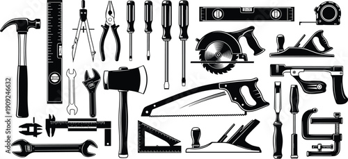 Hand tools silhouettes collection, carpentry equipment vector set, construction repair instruments isolated, hammer saw wrench screwdriver measuring tools illustration