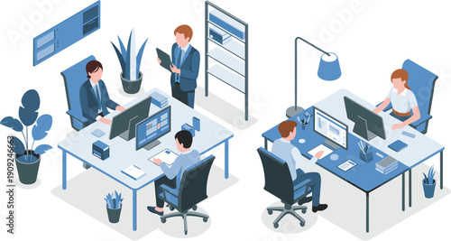 Isometric, office, teamwork, employees, collaboration, computers, workflow, business, productivity, desks, management, planning, technology, corporate, 