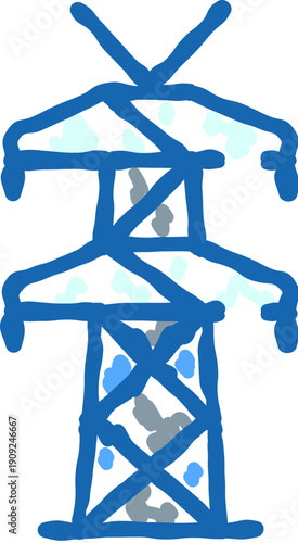 Blue hand drawn line icon of an electricity pylon representing high voltage transmission, power grid infrastructure and energy connection on a clean white background
