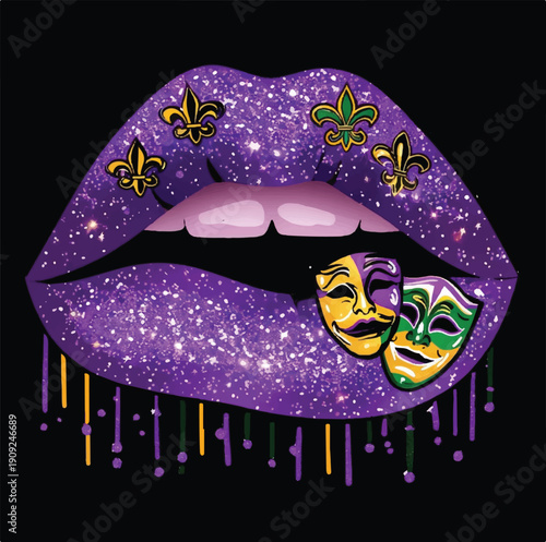 Sparkly purple lips adorned with golden fleur de lis symbols and dripping paint accentuate the dramatic theatrical masks representing the festive spirit of Mardi Gras celebration.