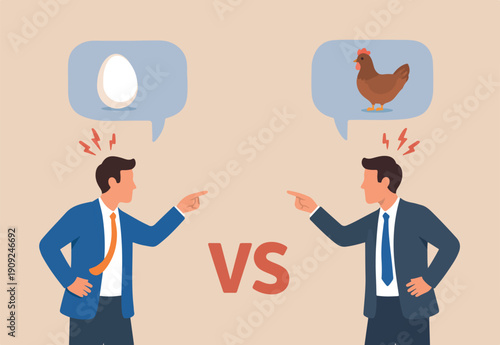 : Business argument, conflict or disagreement, wasted meeting time arguing with no result, controversy question concept, businessman colleagues arguing or fight about chicken vs egg who come first