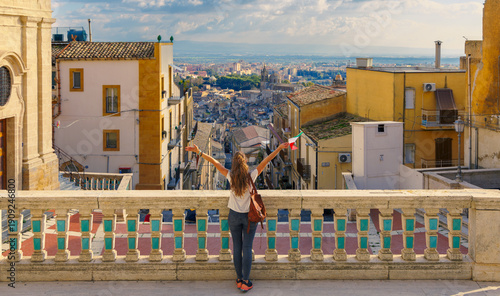 Slika na platnu Traveler woman in Sicily enjoying city of Caltagirone