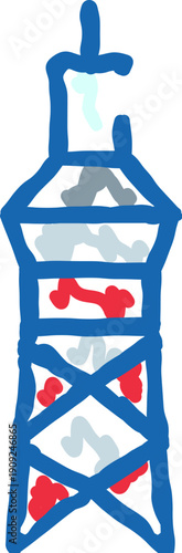 Simple doodle drawing illustrating a blue tower with red and grey internal elements, representing a famous architectural landmark, ideal for travel, education, or artistic concepts