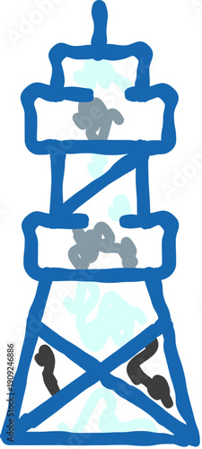Hand drawn communication tower doodle icon showing a telecom antenna broadcasting wireless signals, connecting mobile, internet and broadcast networks for global coverage and infrastructure