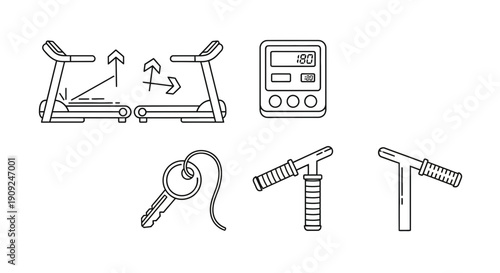 Fitness Equipment Icons: Treadmill, Timer, Key, Hand Grips, Dumbbell - Vector Set