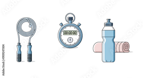 Fitness Equipment: Jump Rope, Stopwatch, Water Bottle, Towel - Healthy Lifestyle Icons