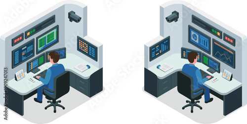 Isometric, security, control, center, surveillance, monitoring, dashboard, analytics, operator, cybersecurity, network, systems, command, data, 