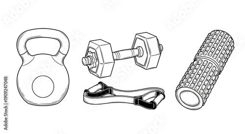Fitness Equipment Set: Kettlebell, Dumbbell, Resistance Band, Foam Roller - Hand Drawn Sketch