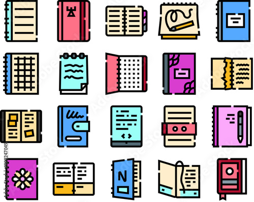 Notebooks, journals, and planners displaying different styles, bindings, and covers, providing tools for writing, organizing, and productivity in various settings and daily life