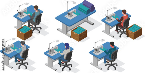 Isometric, sewing workstation, textile production, garment tailoring, fabric stitching, fashion workshop, tailor illustration, manufacturing process, craftsmanship, industry