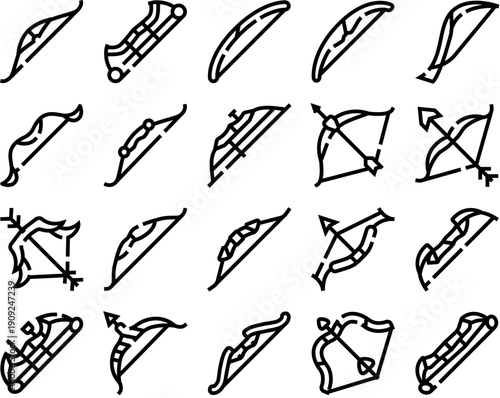 Collection of outlined archery bows and arrows showing diverse hunting, sport and historical designs in a clean linear vector set for icons, illustration and weapon graphics