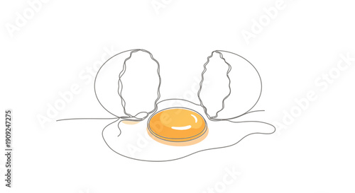 A minimalist line art illustration of a cracked raw egg with a bright yellow yolk and white albumen on a white background