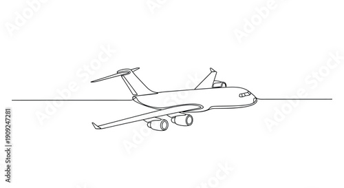 Simple line drawing illustration of a large military transport cargo airplane in flight against a white background