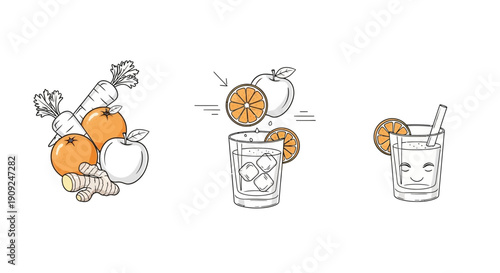 Fresh juice ingredients and preparation process, healthy drink concept