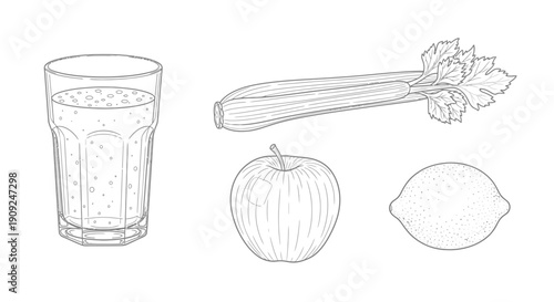 Fresh Juice Ingredients: Celery, Apple, Lemon, and a Glass of Drink