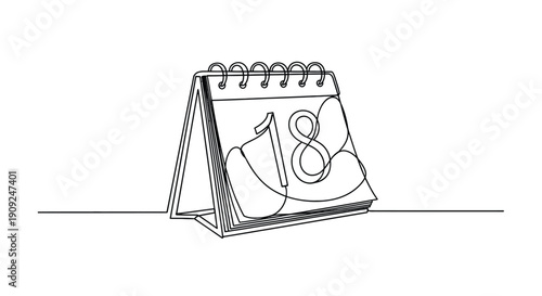 Hand drawn sketch of an open spiral bound desk calendar showing the number eighteen on a page with a clean white background