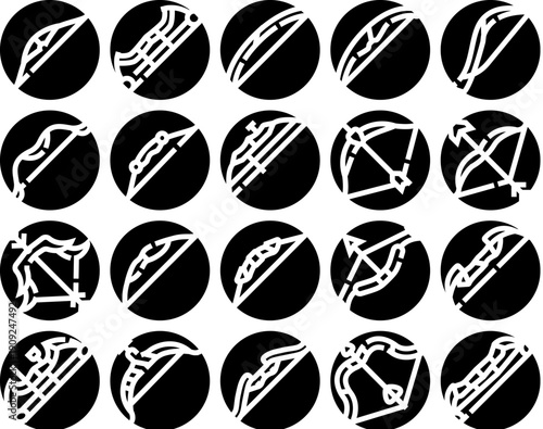 Various designs of archery bows and arrows presented as modern glyph icons in black circles, illustrating a collection of different weapon types and sports equipment