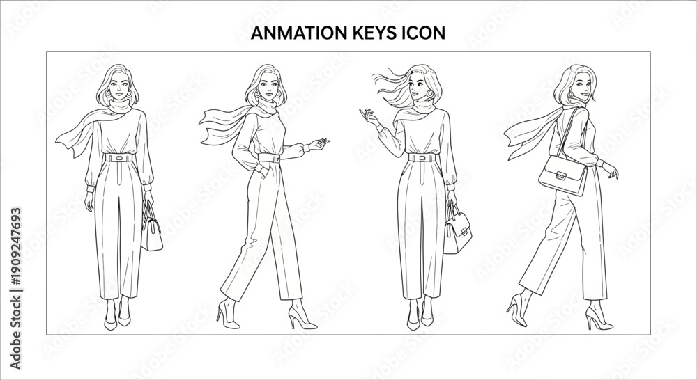 Obraz premium Fashionable Woman Walking Animation Sequence, Stylish Jumpsuit and Scarf