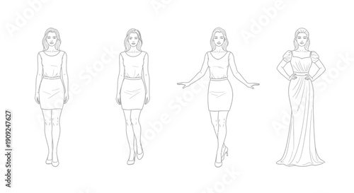 Fashion sketch: women's dresses, from casual to formal evening gown