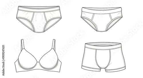 Fashion Underwear Line Art: Bra, Briefs, Boxer Briefs, and Bikini Bottoms