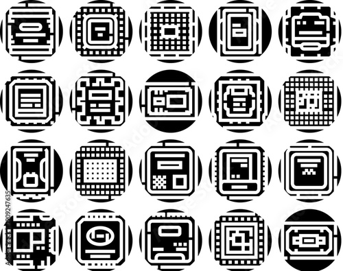 Computer processors and microchips creating a collection of digital technology glyph icons, symbolizing advanced computing and electronic hardware components