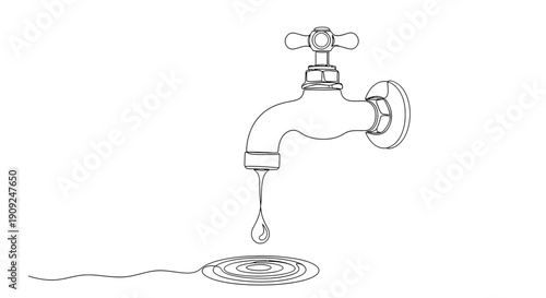 Hand drawn sketch of a dripping faucet with a single drop of water falling onto a concentric circle pattern on a white background