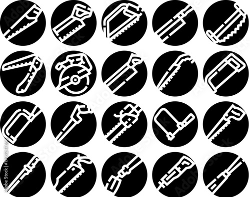 Collection of outline icons featuring various hand saws, circular saws, and other power tools essential for woodworking, construction, and property renovation