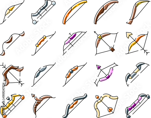 Archery bows and arrows collection presenting various types of equipment used for sport, hobby, and hunting, including compound, recurve, and longbow designs