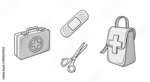 First Aid Kit, Bandage, and Scissors - Medical Supplies Illustration