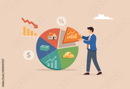 : Investment portfolio adjustment, asset allocation rebalance, diversify financial plan for economic recession, inflation and interest rate concept, businessman fund manager adjust portfolio pie chart