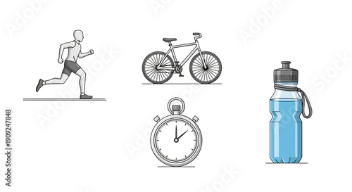 Fitness And Sports Equipment: Runner, Bicycle, Stopwatch, Water Bottle