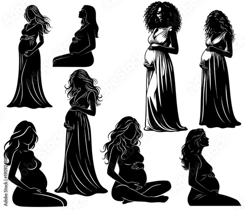 Pregnant woman silhouette set, maternity elegance vector illustrations. Set of pregnant female silhouettes in flowing dresses. Maternity photoshoot concept icons, pregnancy poses and motherhood art