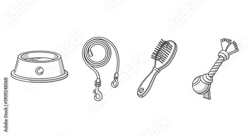 Dog Pet Accessories Set: Bowl, Leash, Brush, and Toy - Line Art Illustration