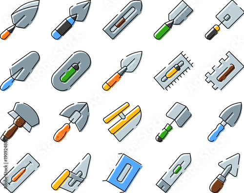 Collection of various construction tools, including different types of trowels, spatulas, and scrapers, representing masonry work, building, and repair activities