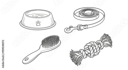 Dog Accessories: Bowl, Leash, Brush, and Rope Toy - Line Art Illustration