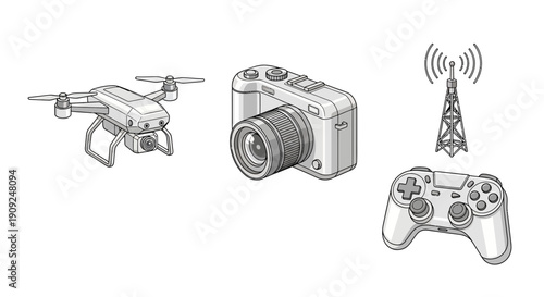 Drone, Camera, Controller, and Cell Tower: Modern Technology and Connectivity
