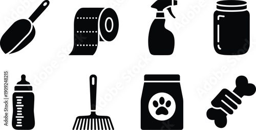 Silhouette illustration of household and pet care icons including scoop, toilet paper roll, spray bottle, jar, baby bottle, rake, pet food bag, and dog bone toy
