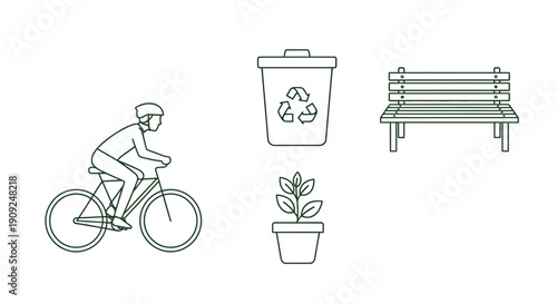 Eco-friendly park elements: cyclist, recycling bin, plant, and bench on white background