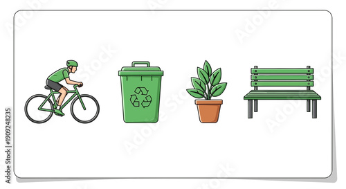 Eco-friendly park icons: cyclist, recycling bin, potted plant, park bench