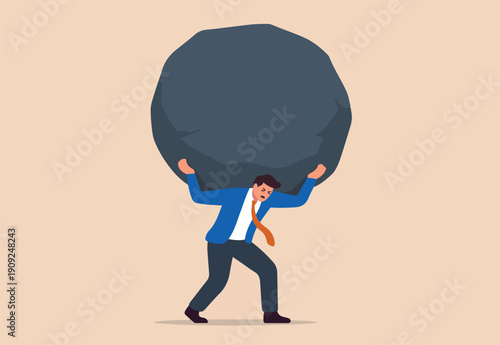 Work re sponsibility, pressure or problem, debt burden or difficulty challenge, struggle, or overworked, effort or punishment concept, tired businessman carry heavy weight rock boulder in atlas pose.