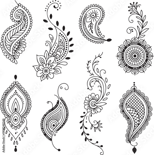 Mehndi floral ornament vector illustration set featuring paisley shapes, mandala patterns, lotus flowers, henna tattoo designs, and decorative ethnic elements 