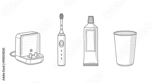 Electric Toothbrush, Charger, Toothpaste, and Cup - Bathroom Hygiene Essentials